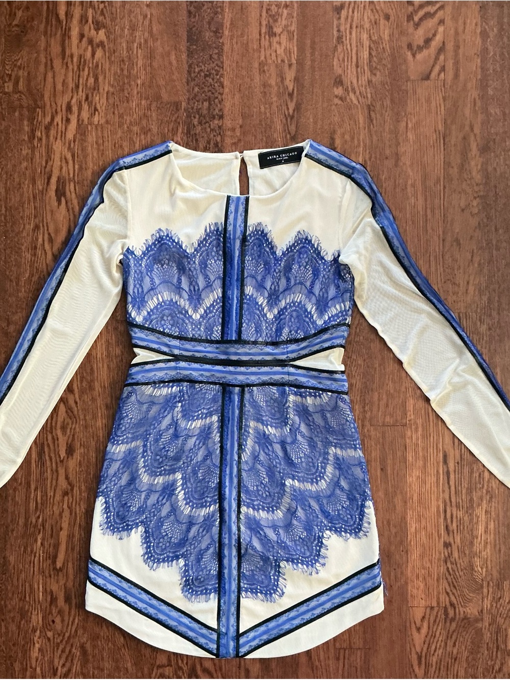 AKIRA Chicago Black Label Blue and Ivory Lace Long Sleeve Mini Dress